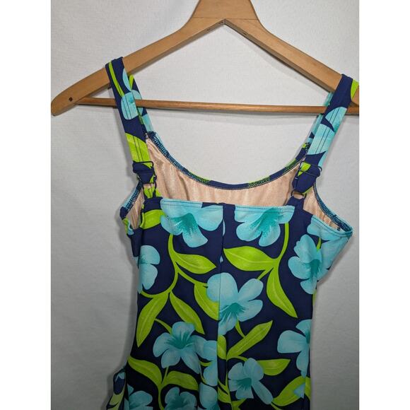 Christina Vtg Womens Blue Floral Swimsuit 14 Full Coverage Built In Cups Modest - Picture 5 of 8